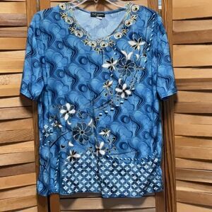 TC Fashion Blue White Gold Embellished Short Sleeve Blouse Women XXL Shirt